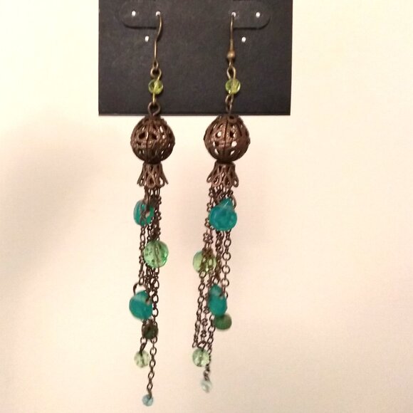Vintage Teal Blue Beads Brass Dangle Drop Earrings Timeless VTG Jewelry - Picture 5 of 6